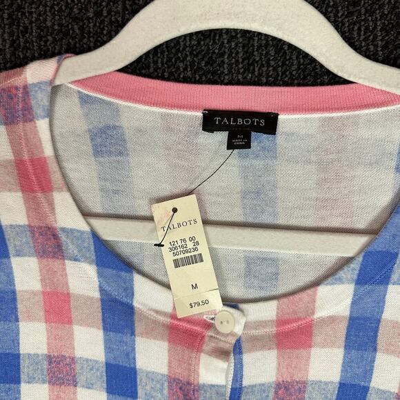 Talbots Womens M Plaid Cardigan Blue Pink Cotton Blend Preppy Academia NWT $79 - Picture 2 of 5